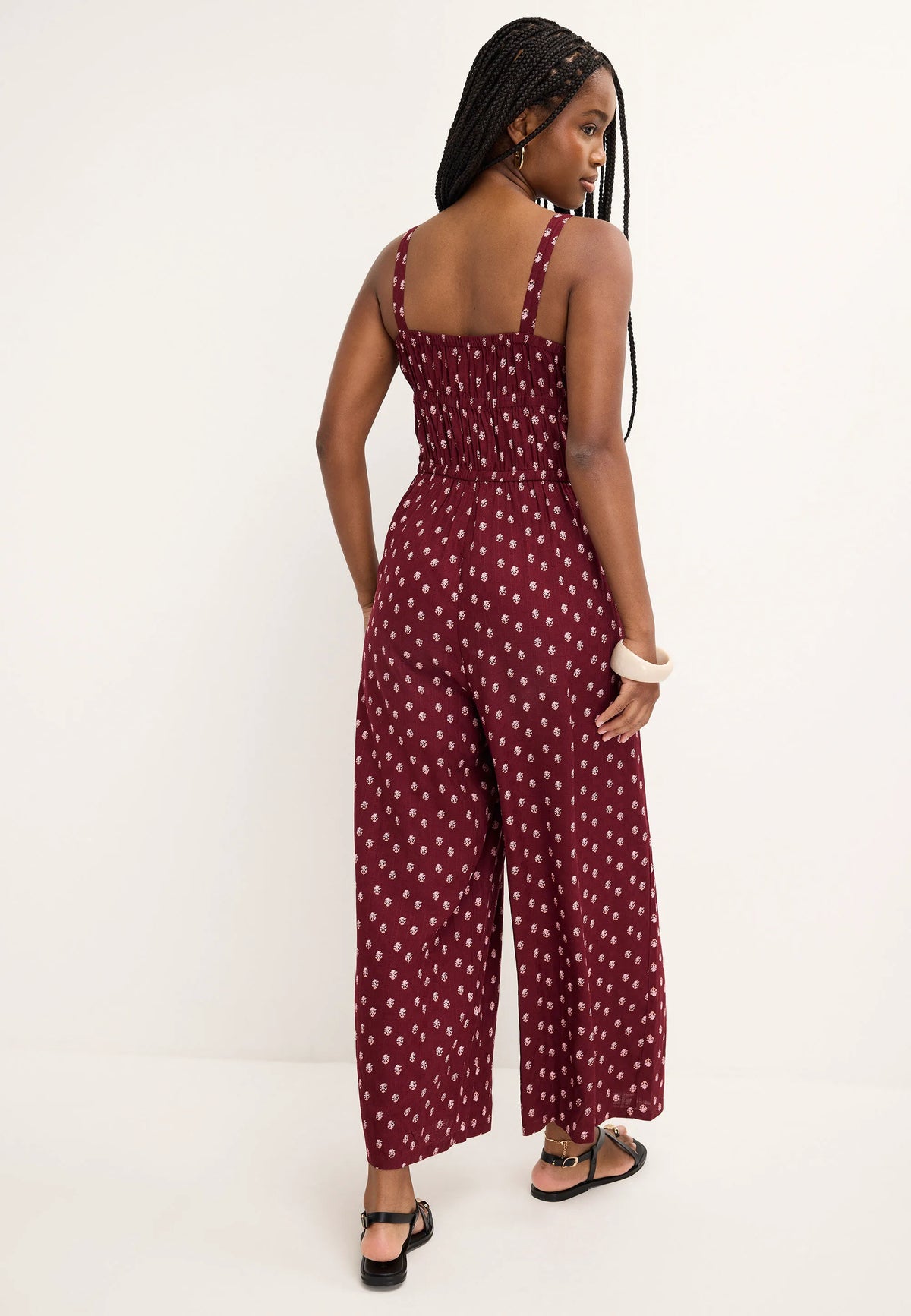 Womens Red Abstract Shirred Jumpsuit