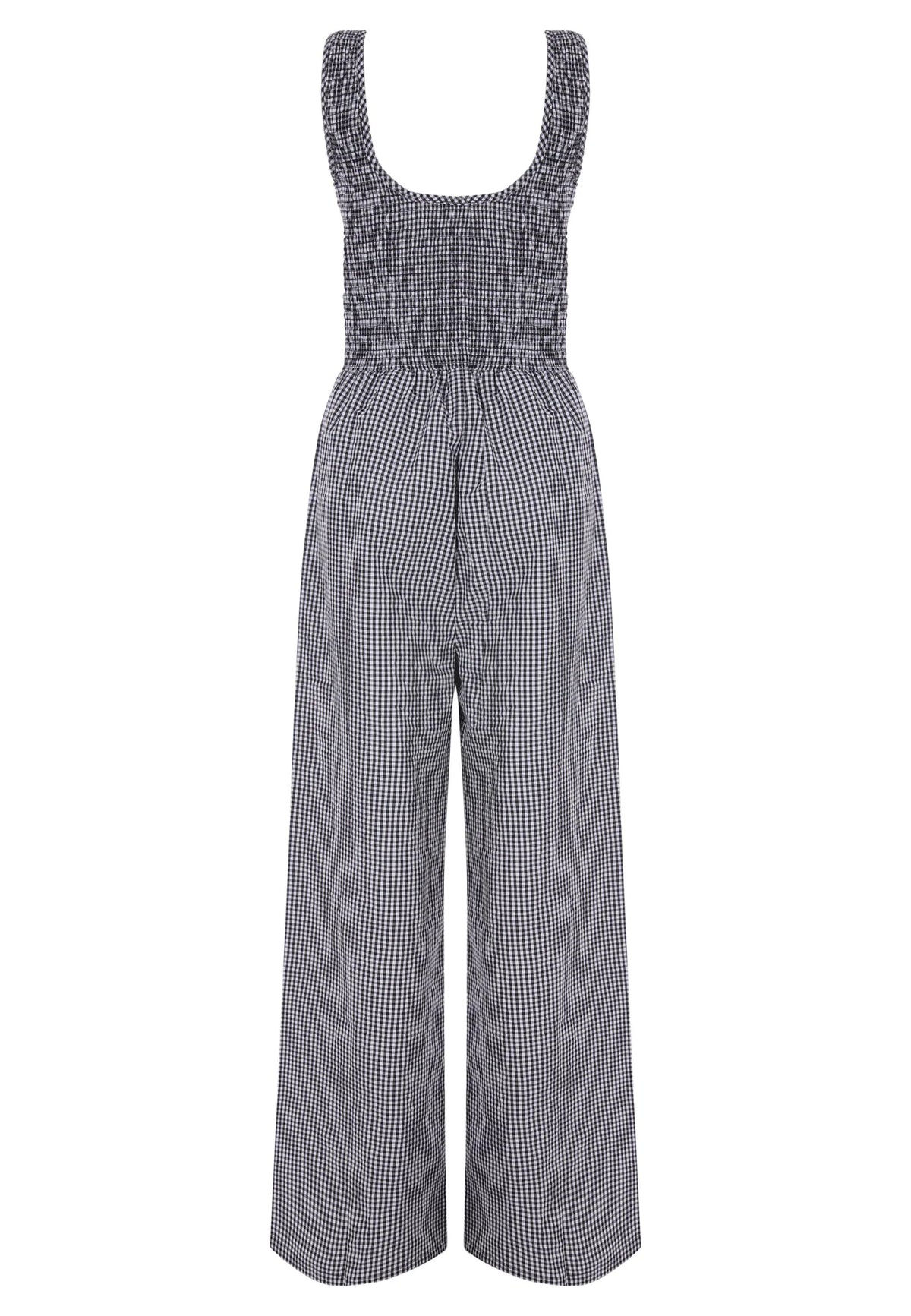 Womens Black & White Gingham Shirred Jumpsuit