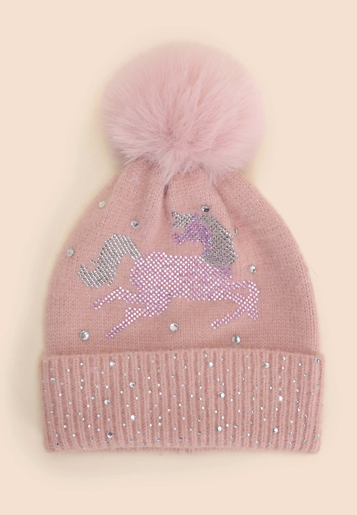 Younger Girls Pink Diamante Unicorn Bobble Hat