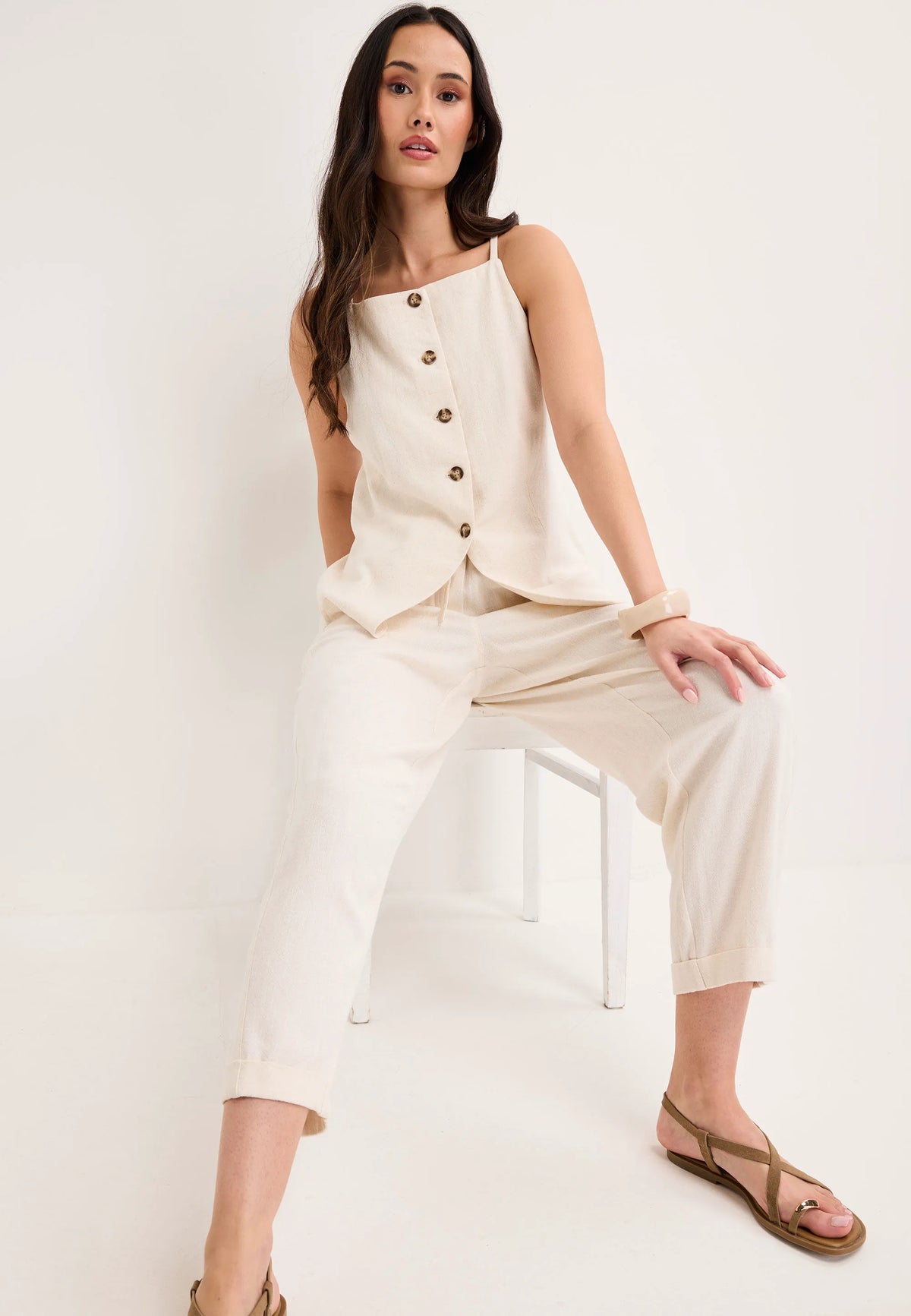 Womens Cream Linen Blend Tapered Leg Trousers