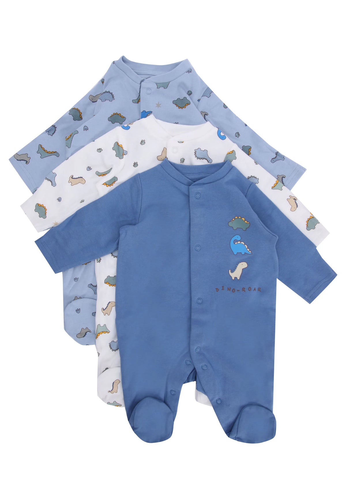 Baby Boys 3pk Blue Dinosaur Sleepsuits