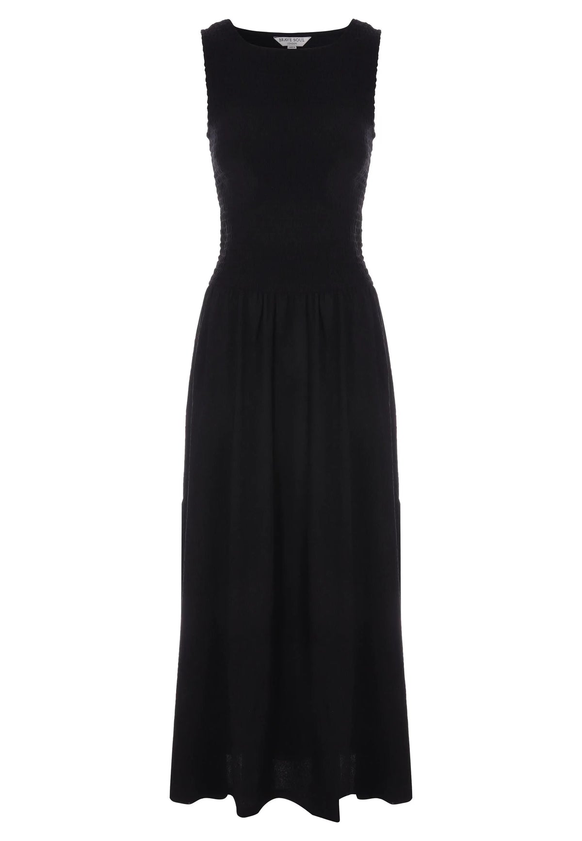 Womens Plain Black Shirred Drop Waist Midi Dress