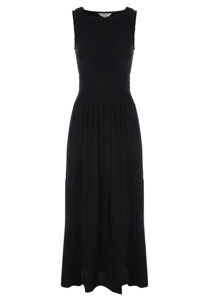 Womens Plain Black Shirred Drop Waist Midi Dress