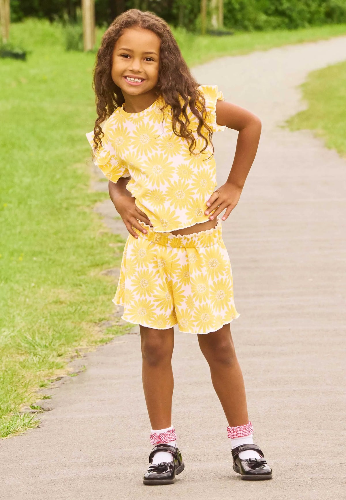 Girls Yellow & White Floral Crinkle Top and Shorts Set