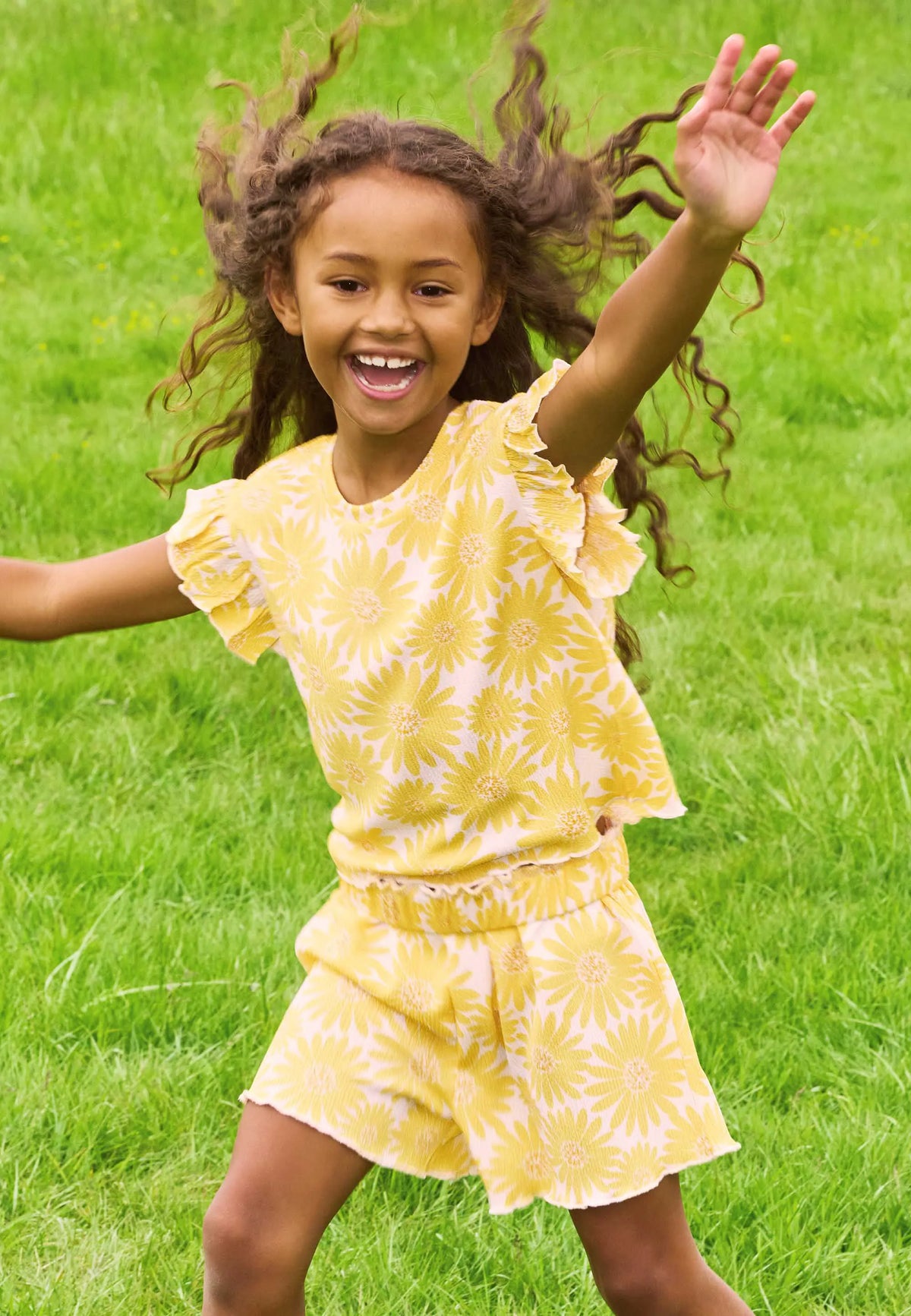 Girls Yellow & White Floral Crinkle Top and Shorts Set