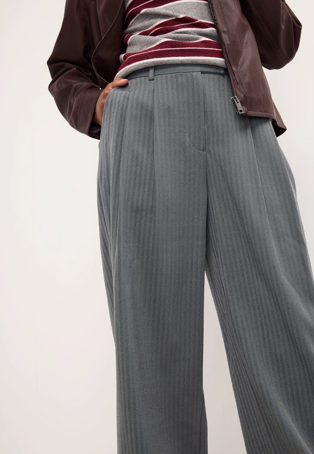 Womens Grey Herringbone Stripe Pleated Trousers