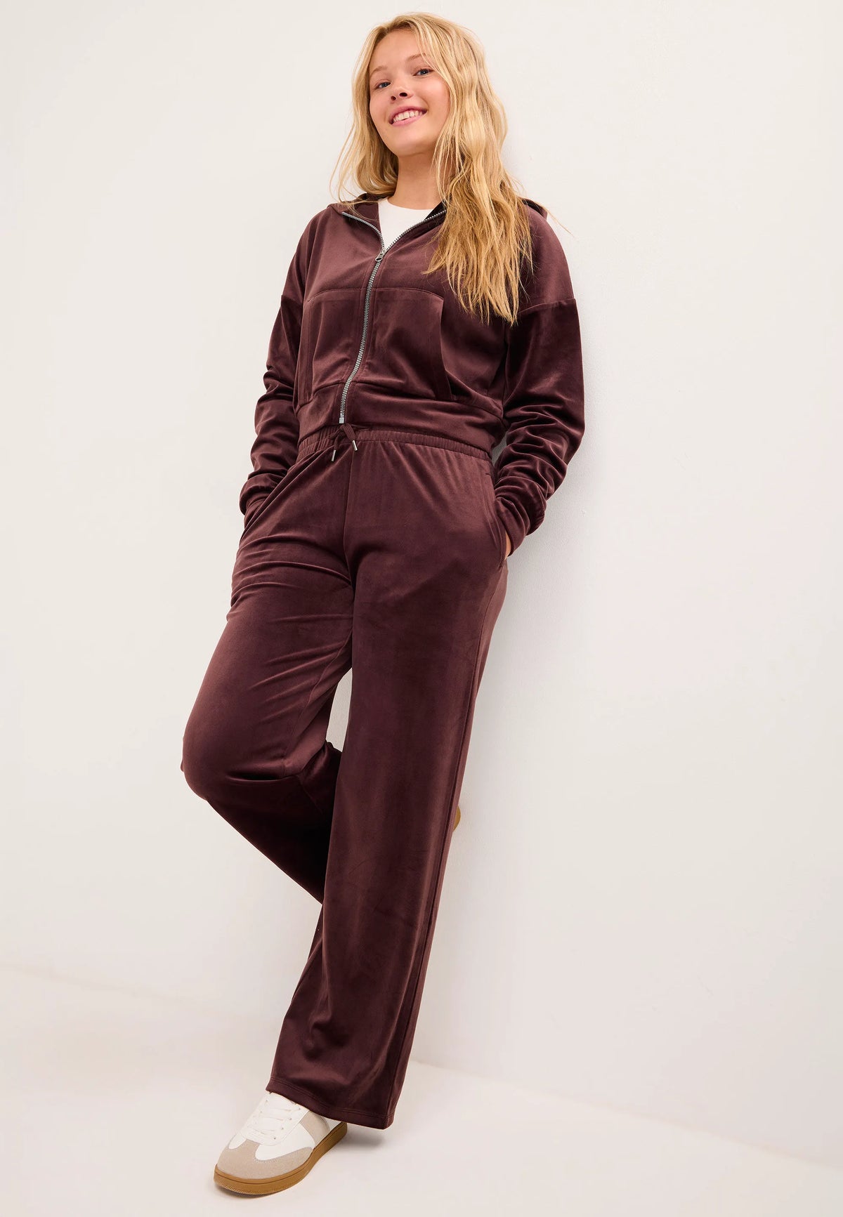 Older Girls Chocolate Brown Velour Wide Leg Joggers