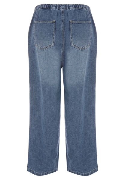 Womens Mid Blue Stripe Wide Leg Drawstring Jeans