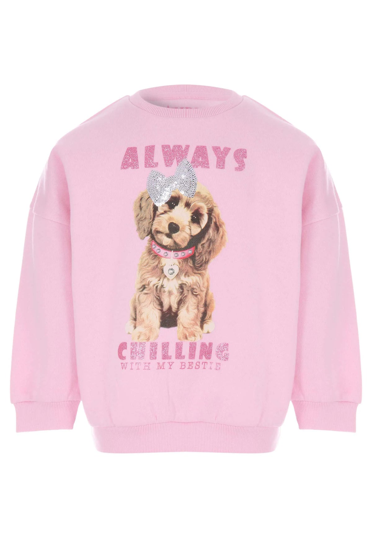 Younger Girls Pink Sequin Dog Sweatshirt