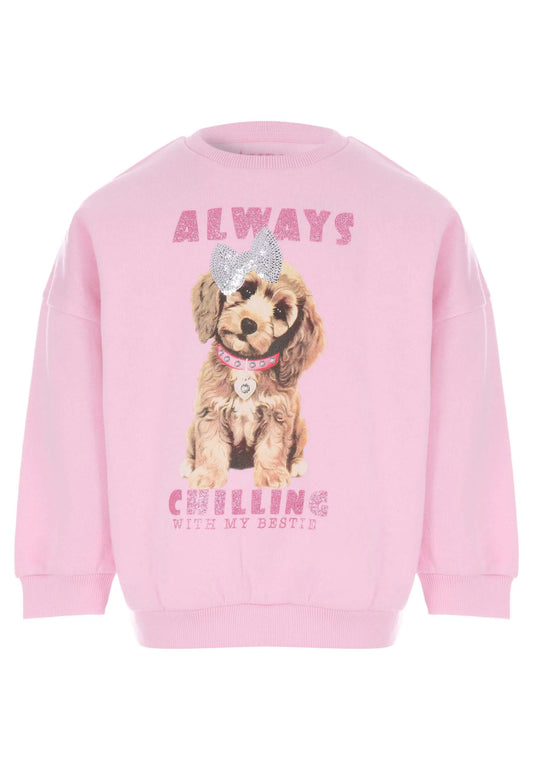 Younger Girls Pink Sequin Dog Sweatshirt