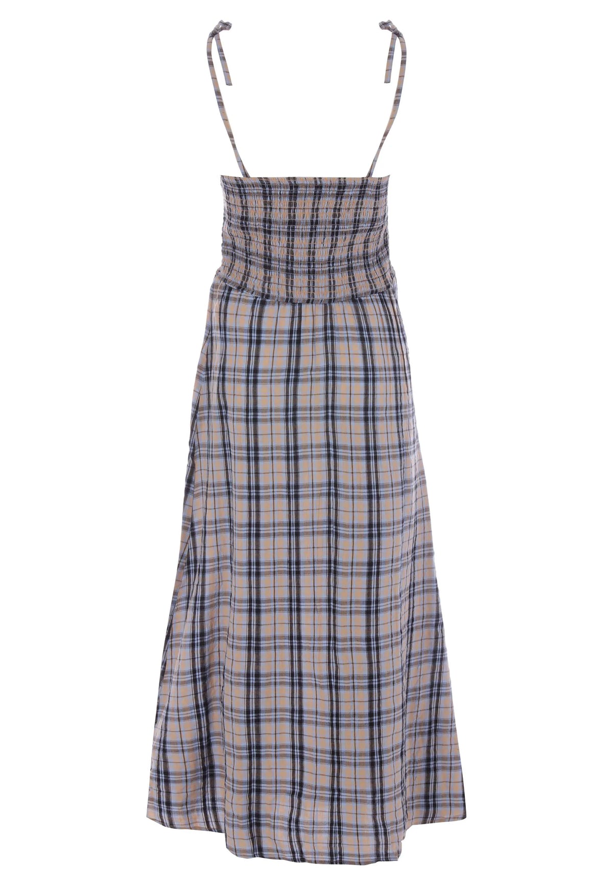 Womens Blue & Tan Check Print Strappy Midi Dress