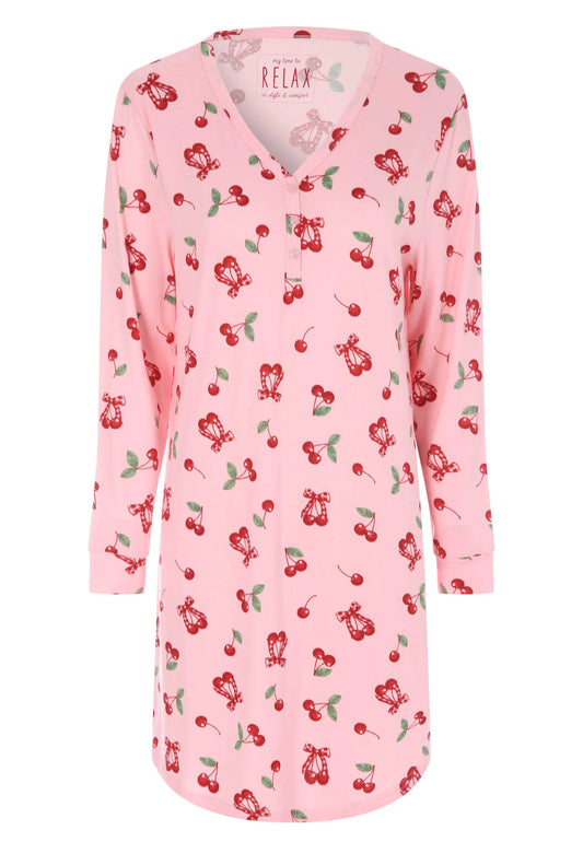 Womens Pink Cherry Soft Touch Long Sleeve Nightdress