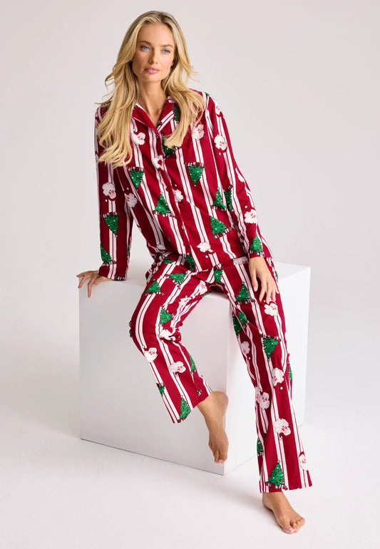 Womens Red & White Stripe Santa Print Family Pyjama Set