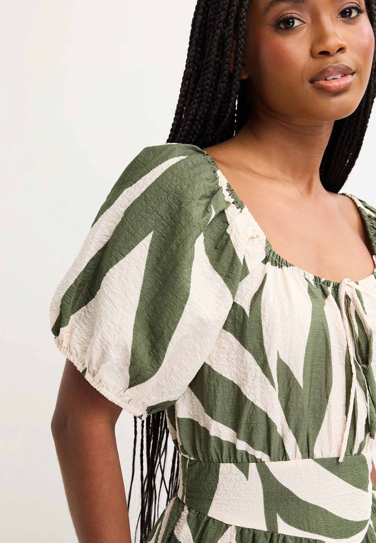 Womens Khaki Leaf Print Milkmaid Dress