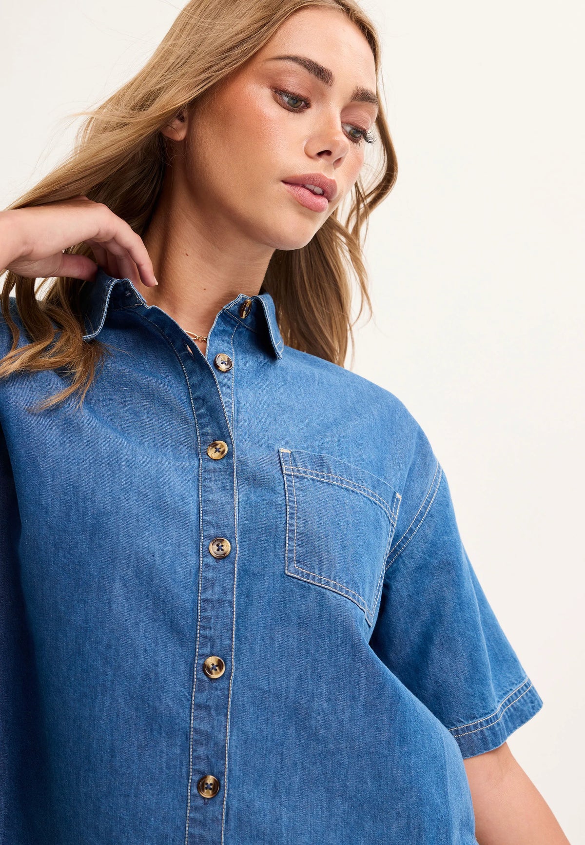 Womens Blue Denim Look Cotton Shirt