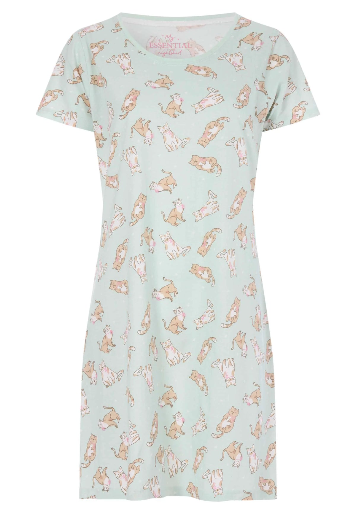 Womens Sage Cat Print Cotton Nightdress