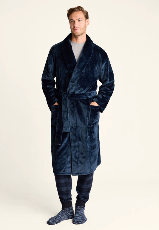 Mens Navy Shawl Collar Dressing Gown