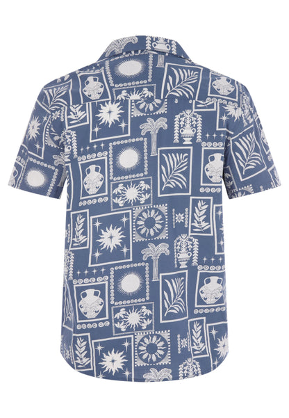 Mens Blue Tile Print Short Sleeve Shirt