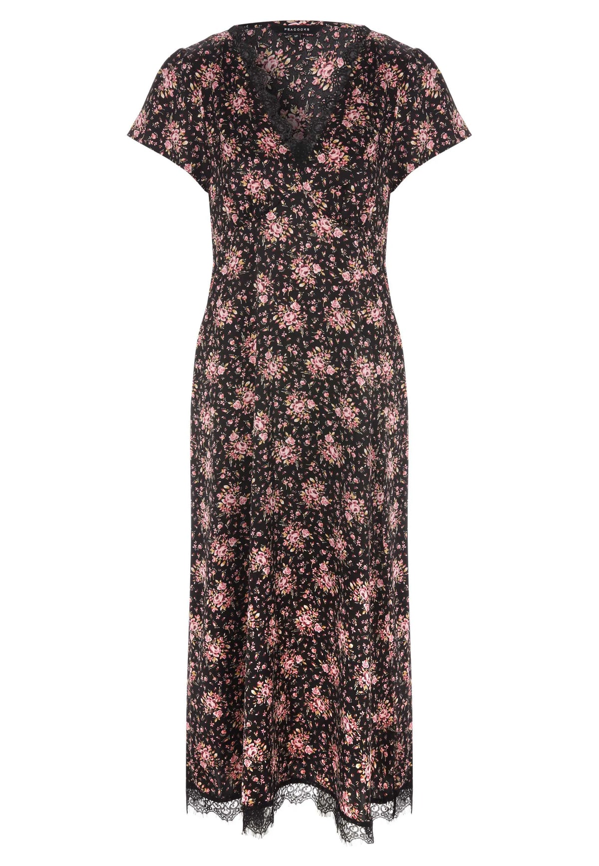 Womens Black Floral V-Neck Lace Trim Dress