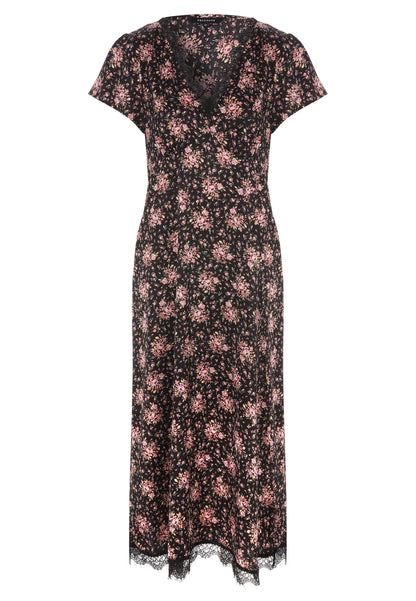 Womens Black Floral V-Neck Lace Trim Dress