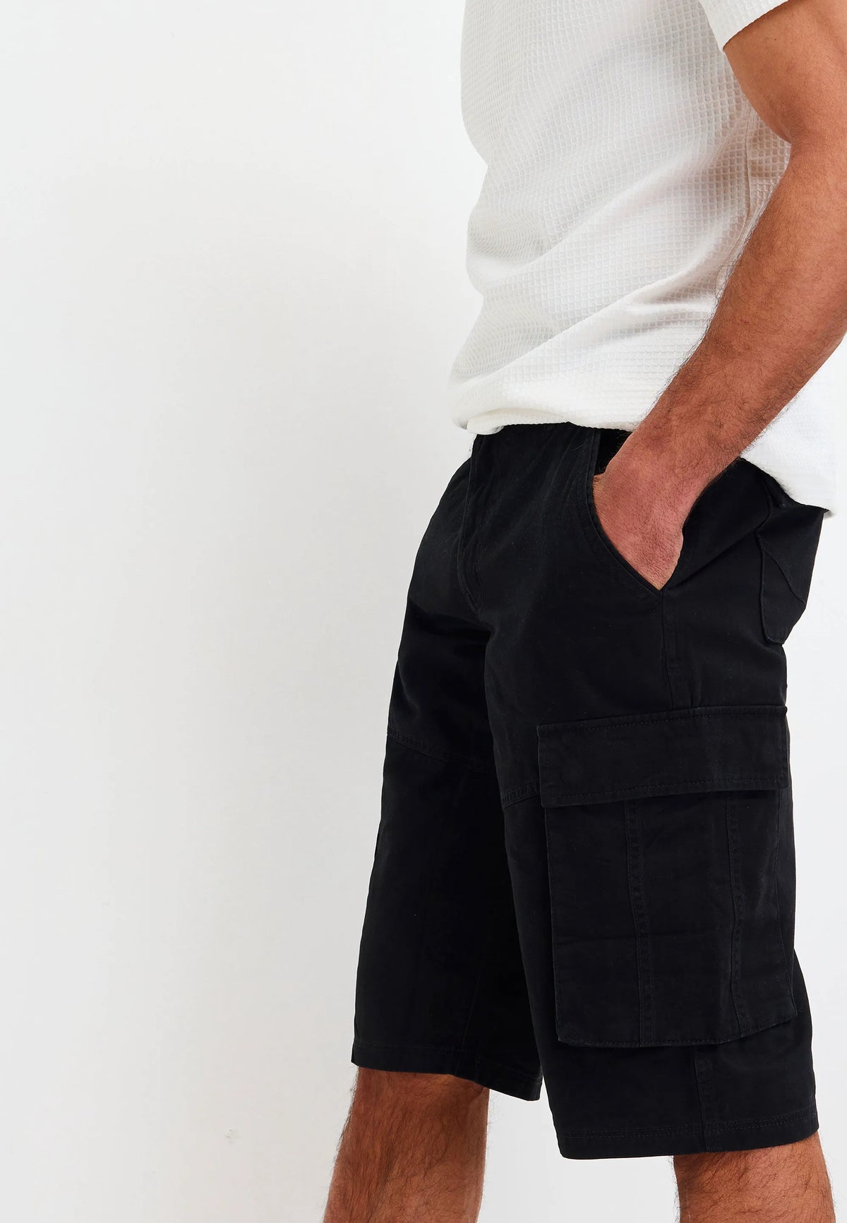 Mens Black Three Quarter Cargo Shorts