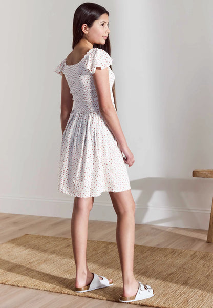 Older Girls White Floral Shirred Top Dress