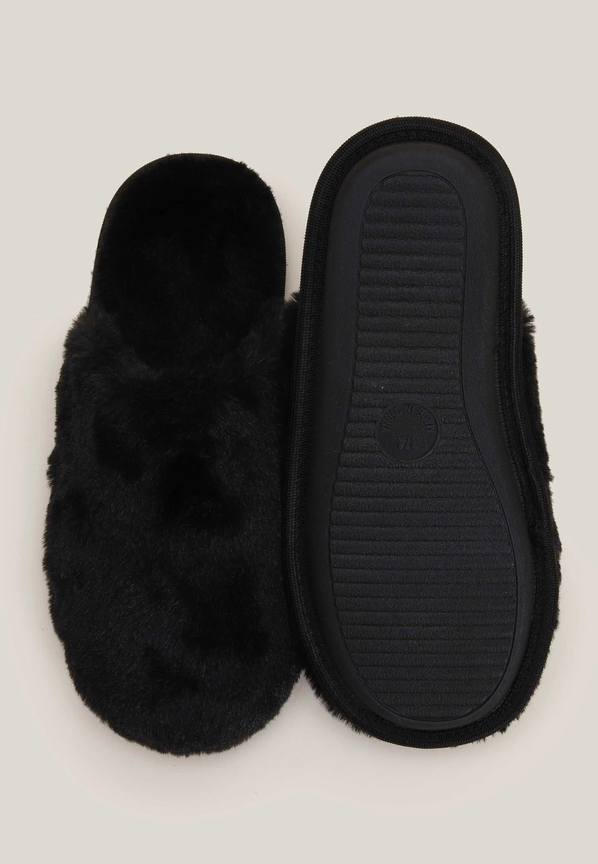 Womens Black Faux Fur Fluffy Mule Slippers