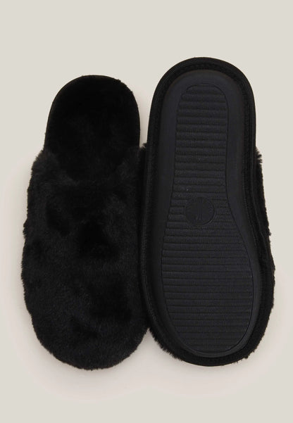 Womens Black Faux Fur Fluffy Mule Slippers