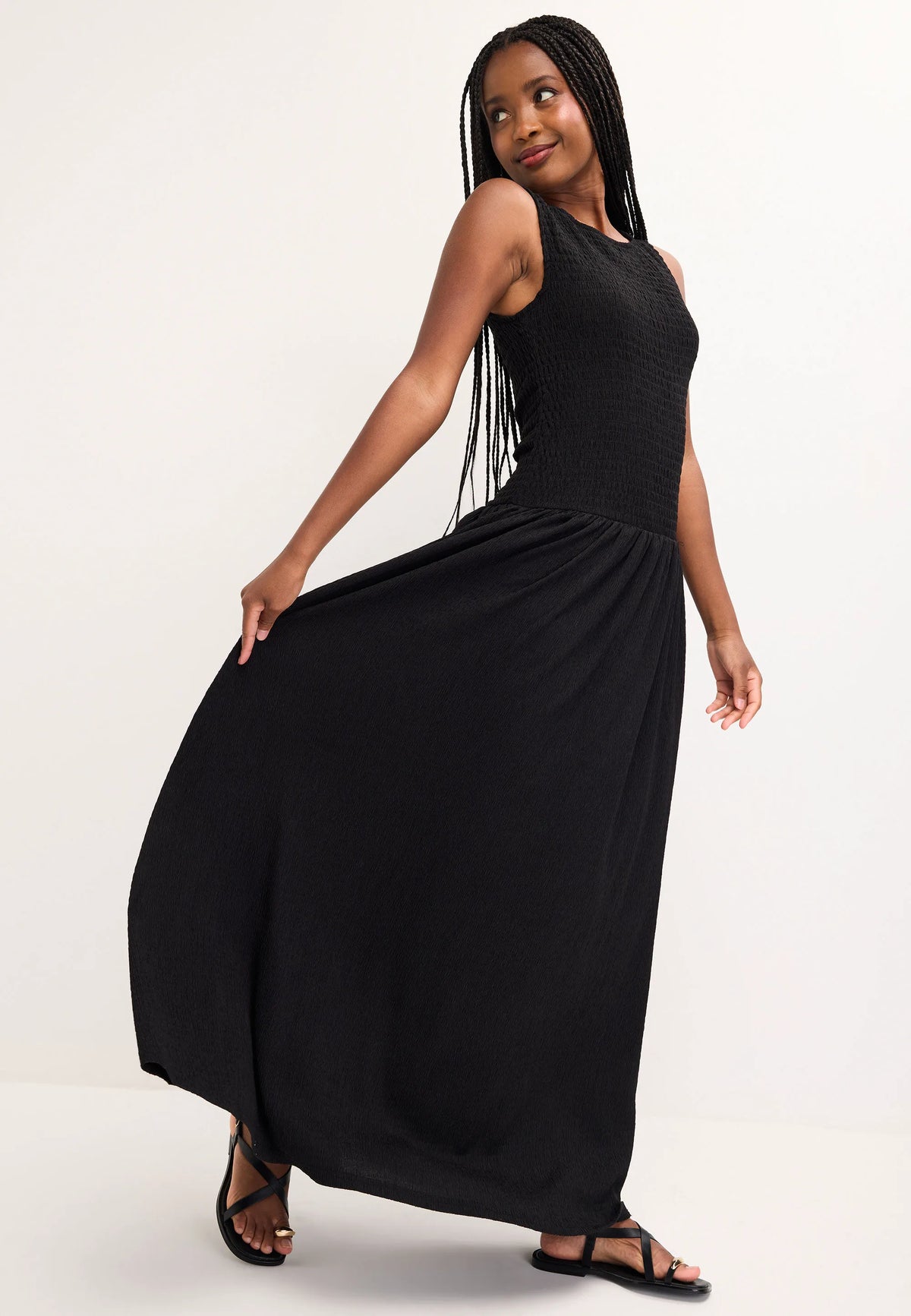 Womens Plain Black Shirred Drop Waist Midi Dress