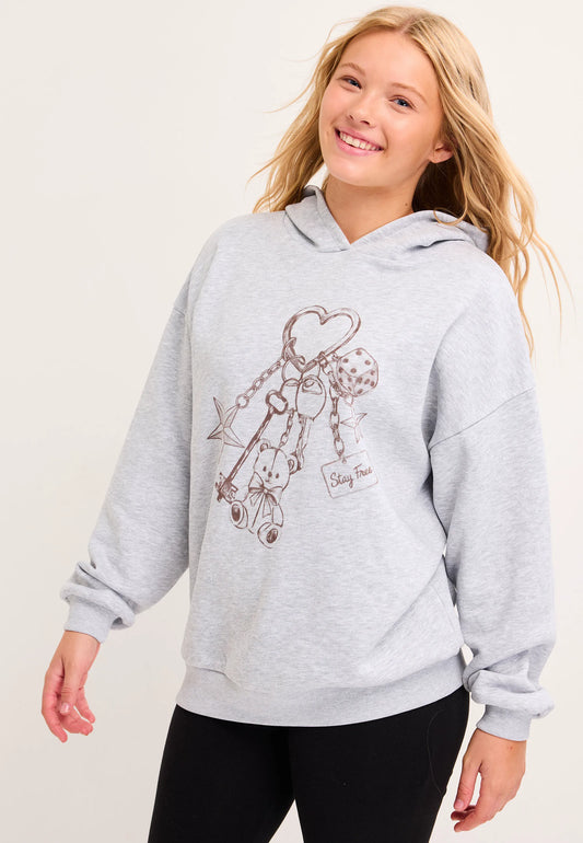Older Girls Grey Bear Keyring Oversized Hoodie