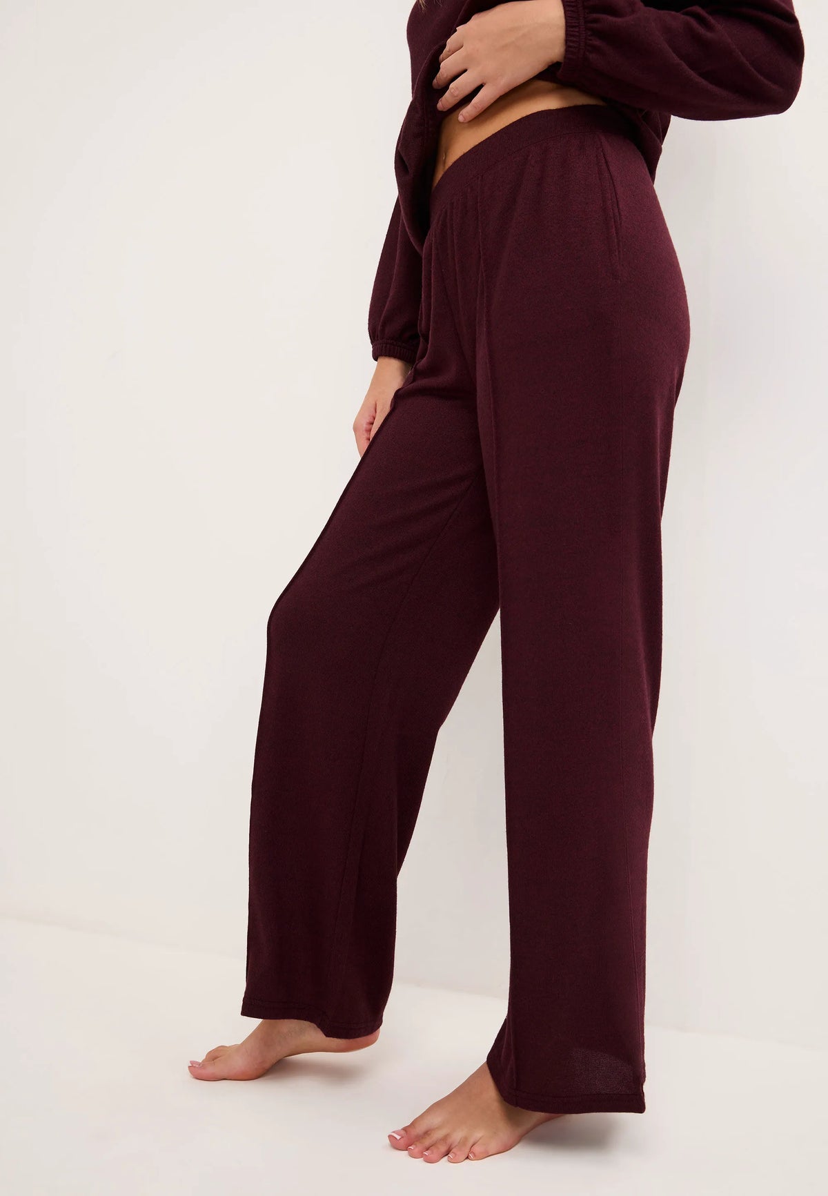 Womens Burgundy Cashmere Touch Wide Leg Bottoms