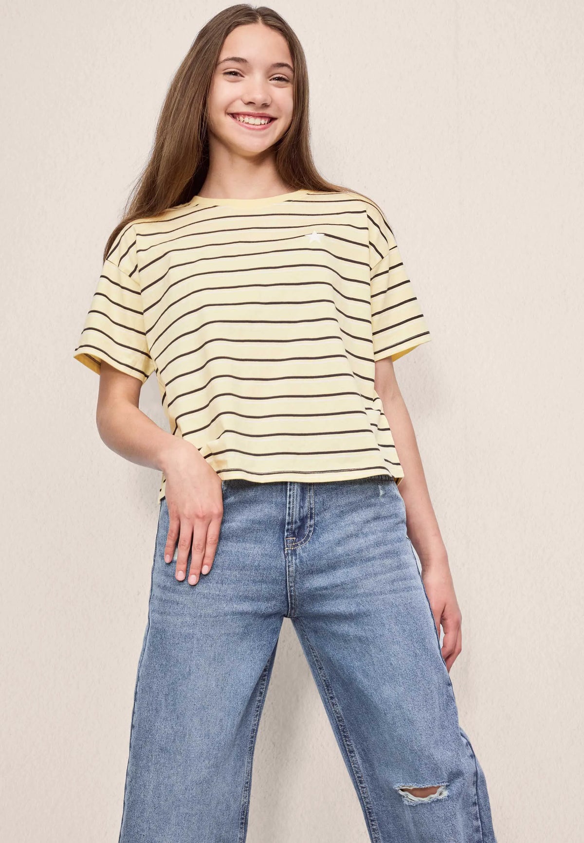 Older Girls Lemon & Black Stripe Boxy T-shirt