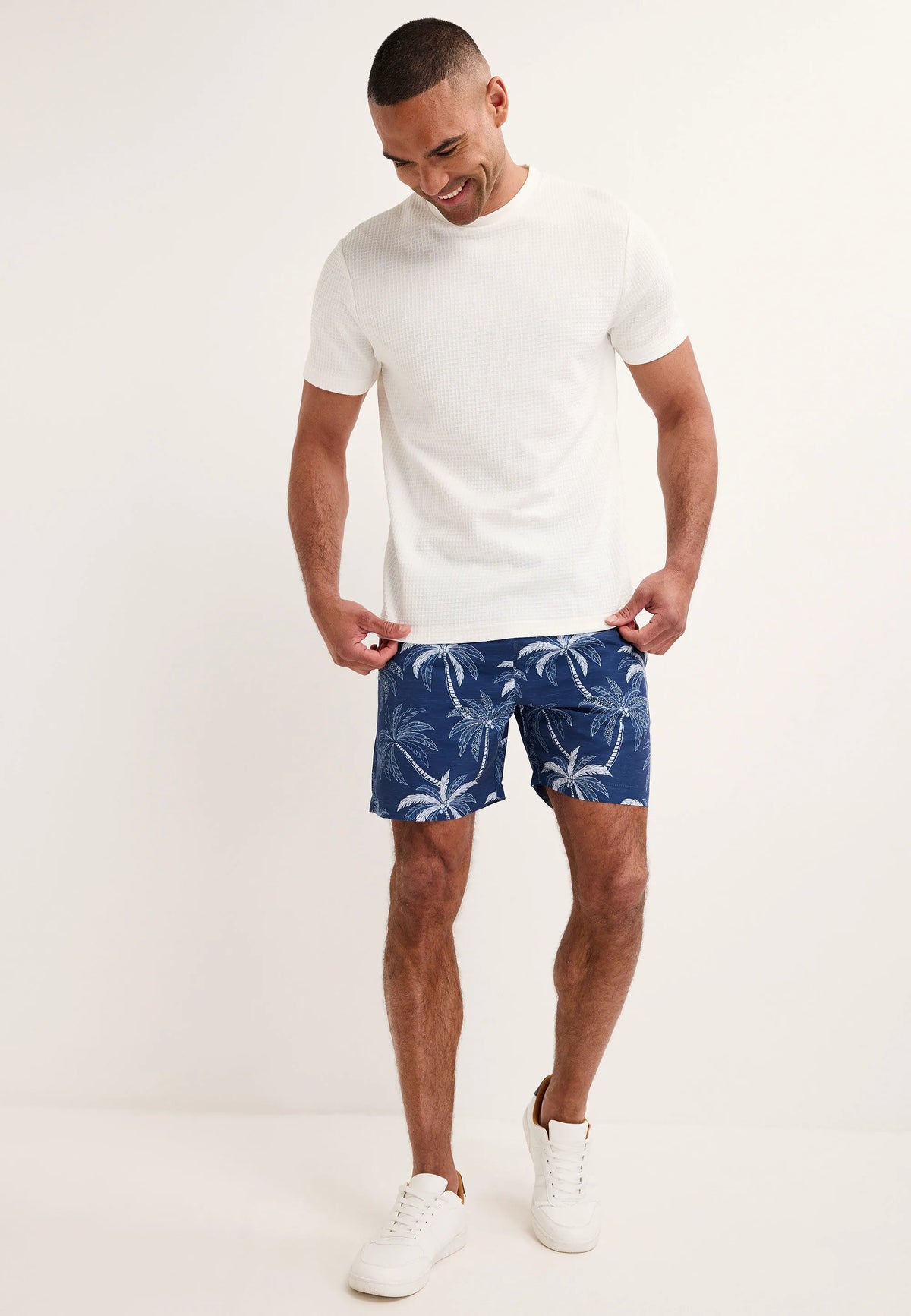 Mens Navy Palm Print Swim Shorts