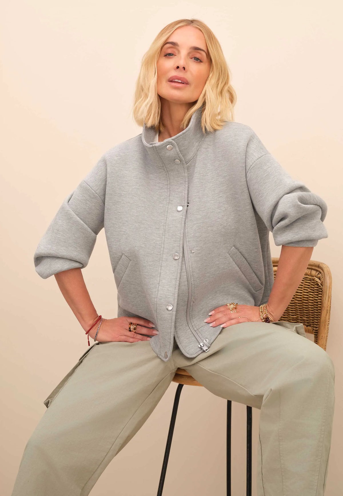 Womens Grey Button Through Bomber Sweatshirt