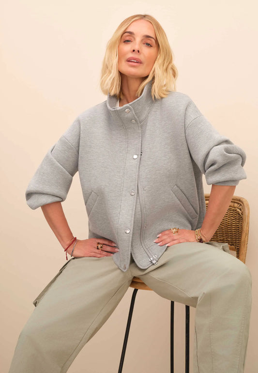 Womens Grey Button Through Bomber Sweatshirt