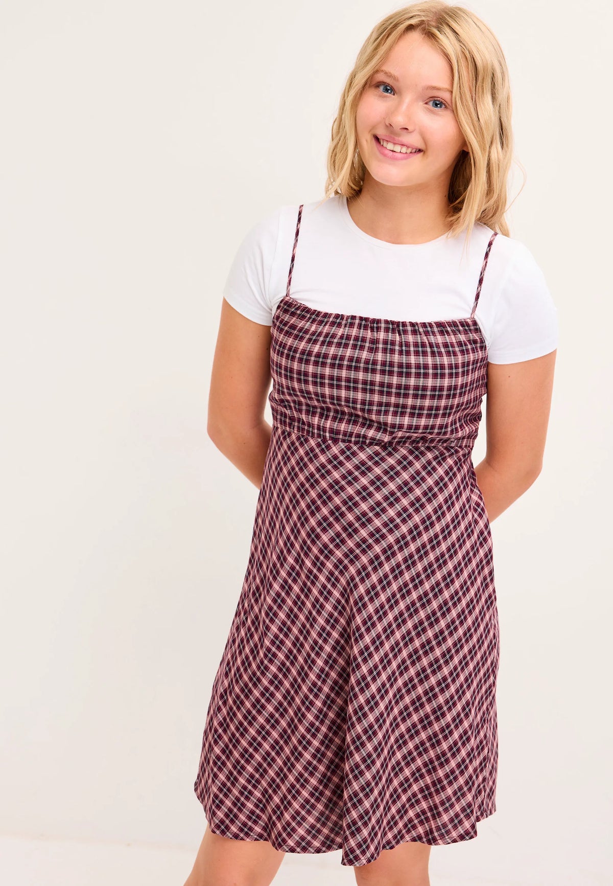 Older Girls Burgundy Check Dress & T-Shirt Set