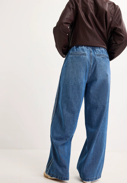 Womens Mid Blue Stripe Wide Leg Drawstring Jeans