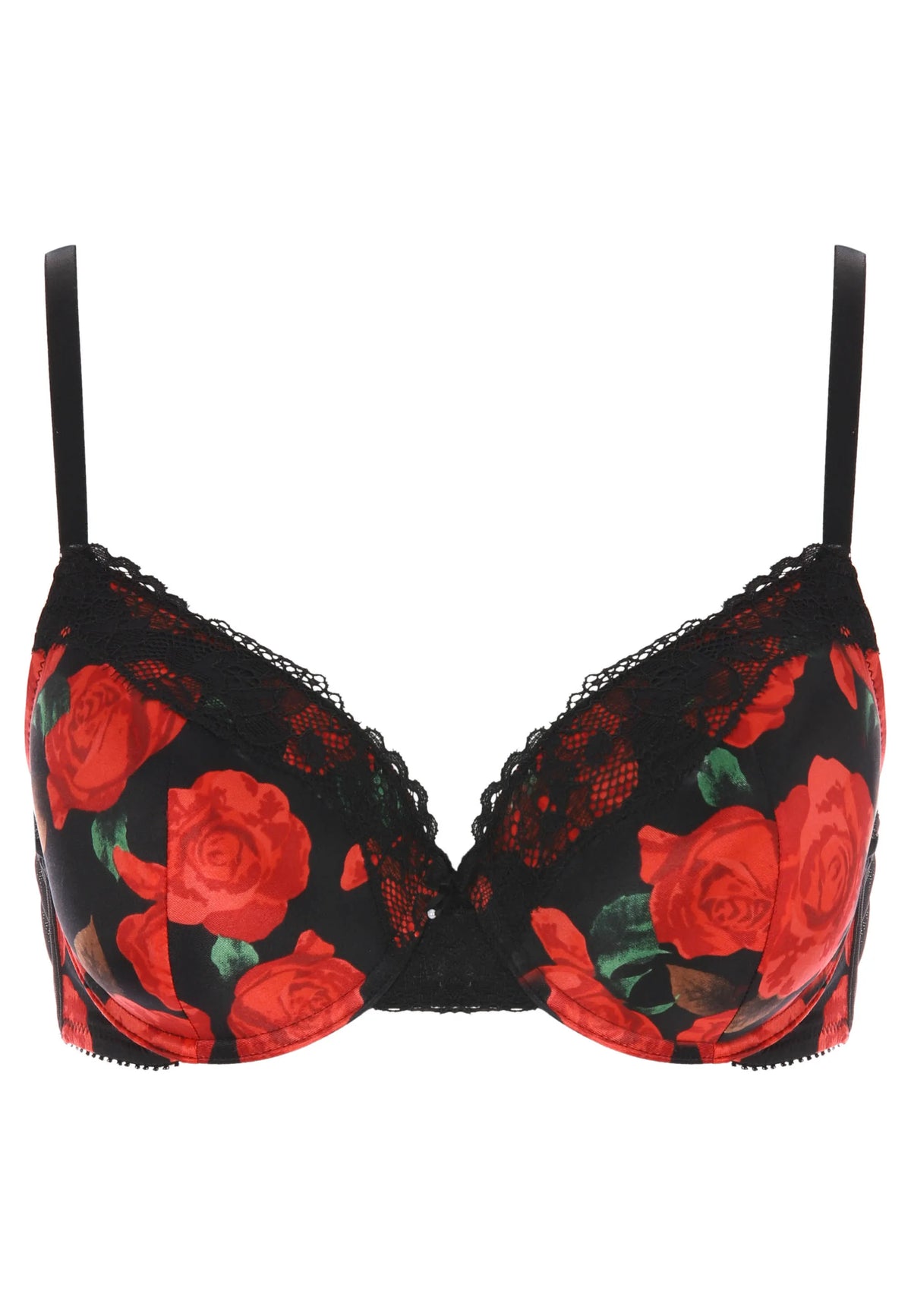 Womens Black & Red Rose Lace T-Shirt Bra (B-DD)