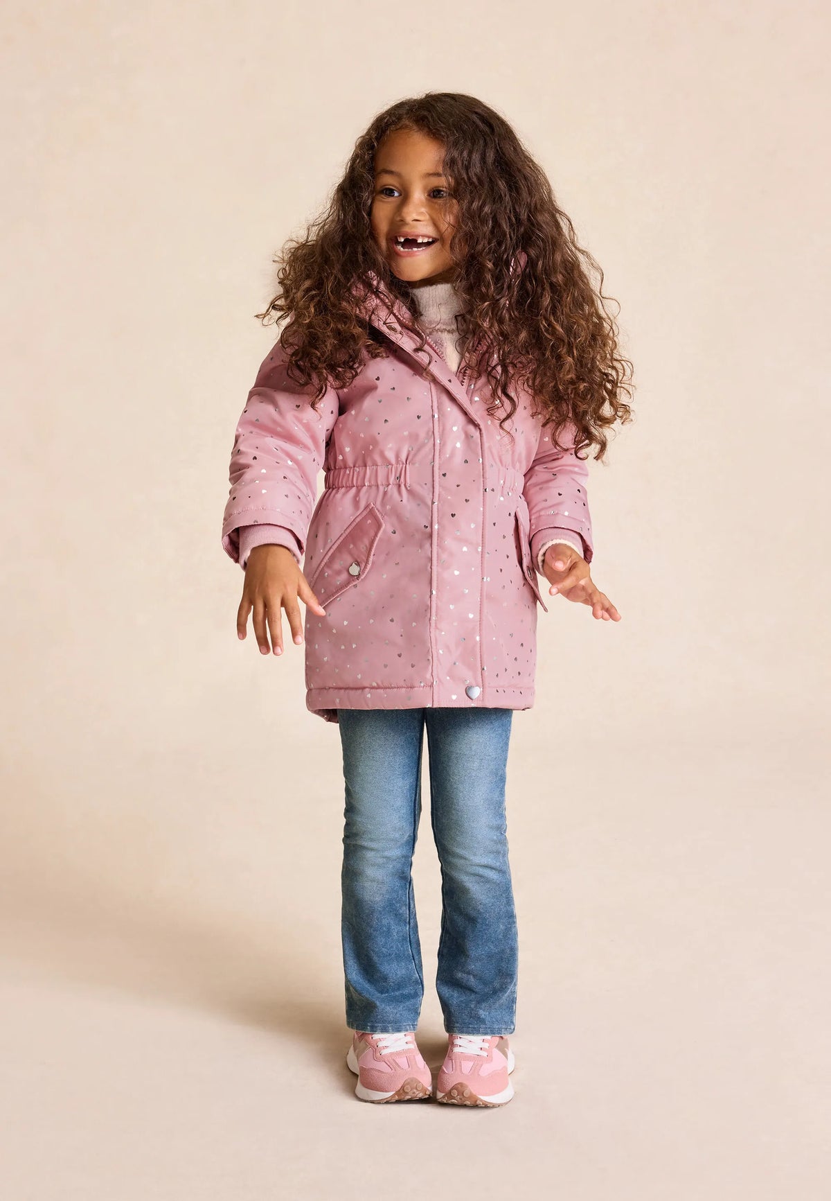 Younger Girls Pink Heart Print Padded Parka Coat