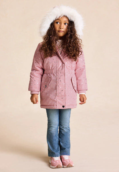 Younger Girls Pink Heart Print Padded Parka Coat