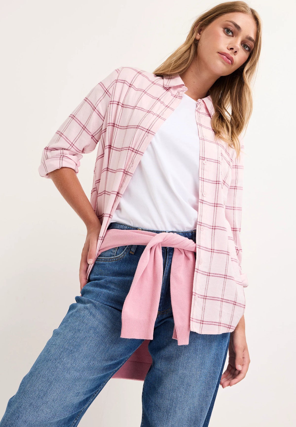 Womens Light Pink Tonal Long Sleeve Check Shirt