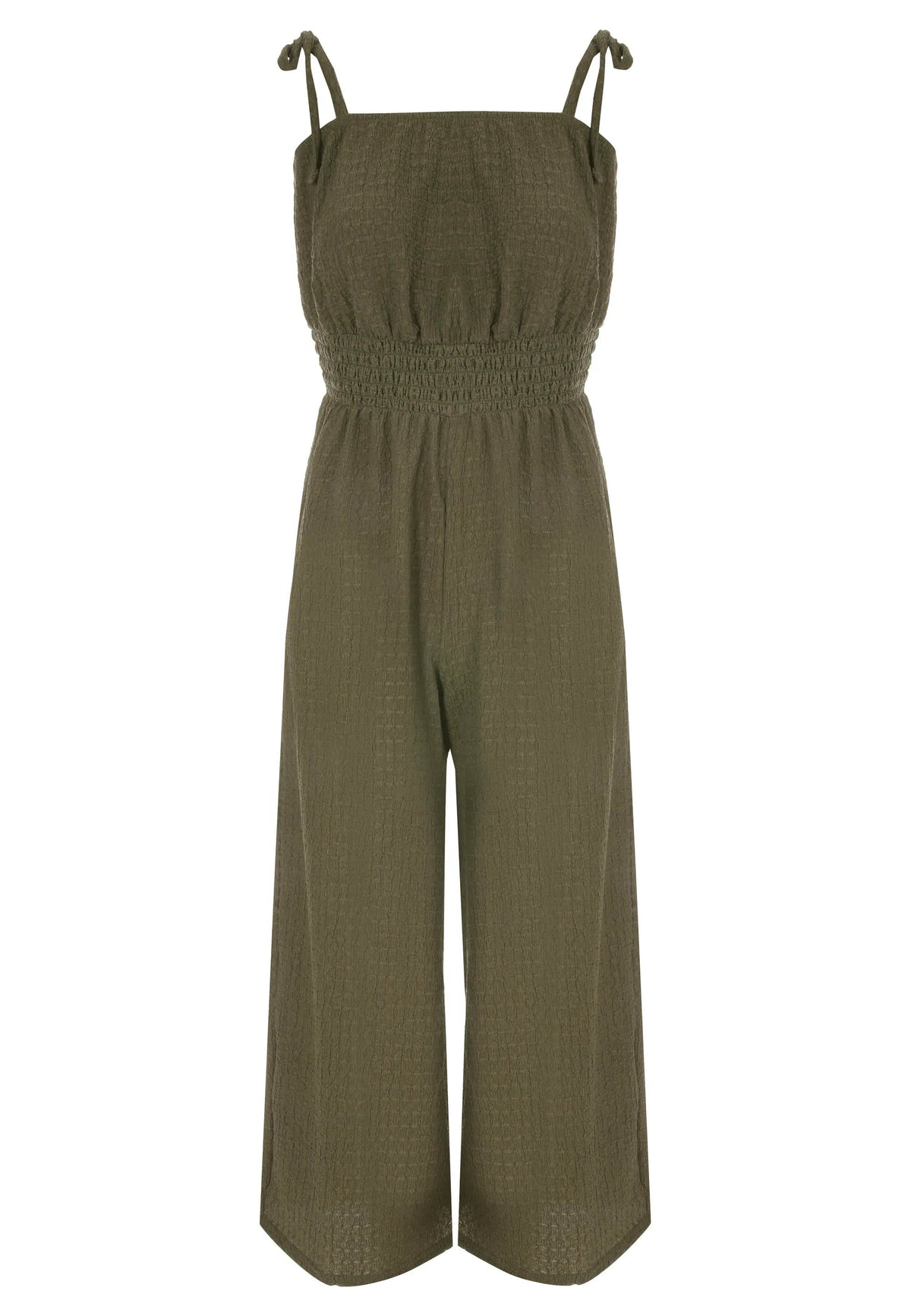 Womens Khaki Shirred Wide Leg Jumpsuit