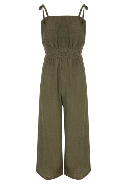 Womens Khaki Shirred Wide Leg Jumpsuit