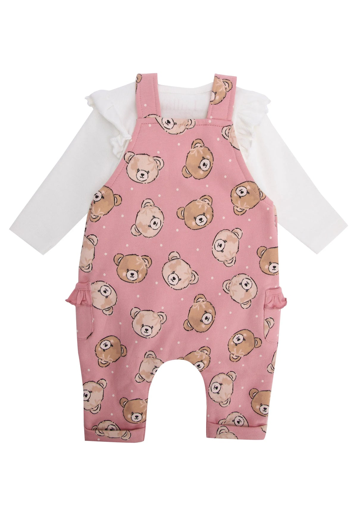 Baby Girls Pink Bear Dungaree & Frill Bodysuit Set