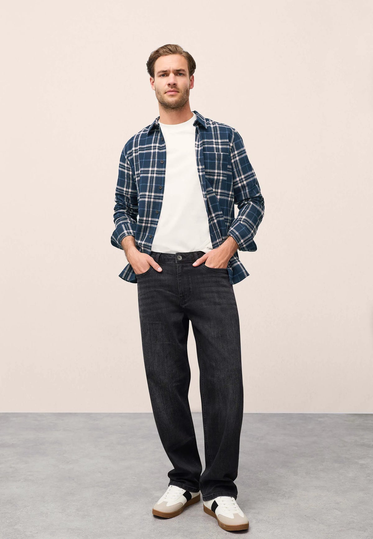 Mens Navy Flannel Check Long Sleeve Shirt