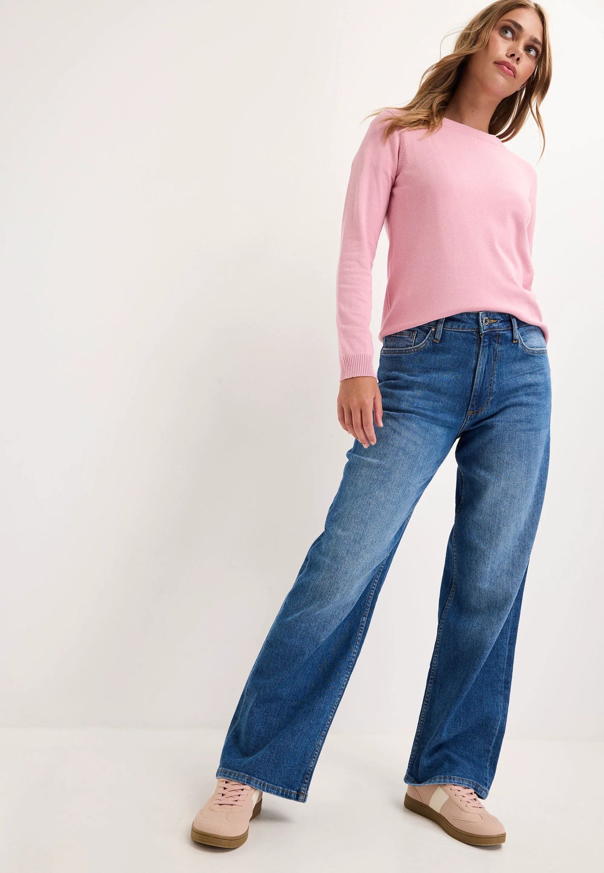 Womens Mid Blue Wash High Rise Wide Leg Jeans