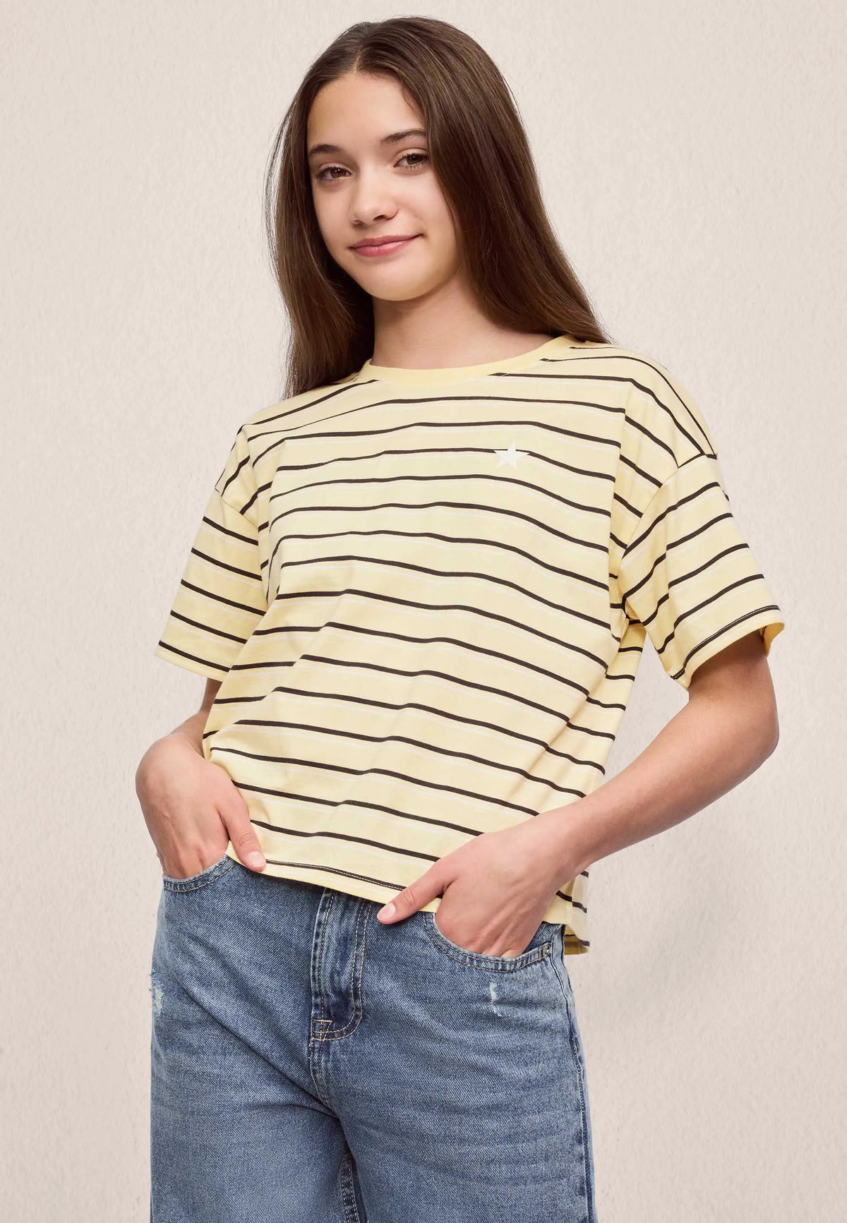 Older Girls Lemon & Black Stripe Boxy T-shirt