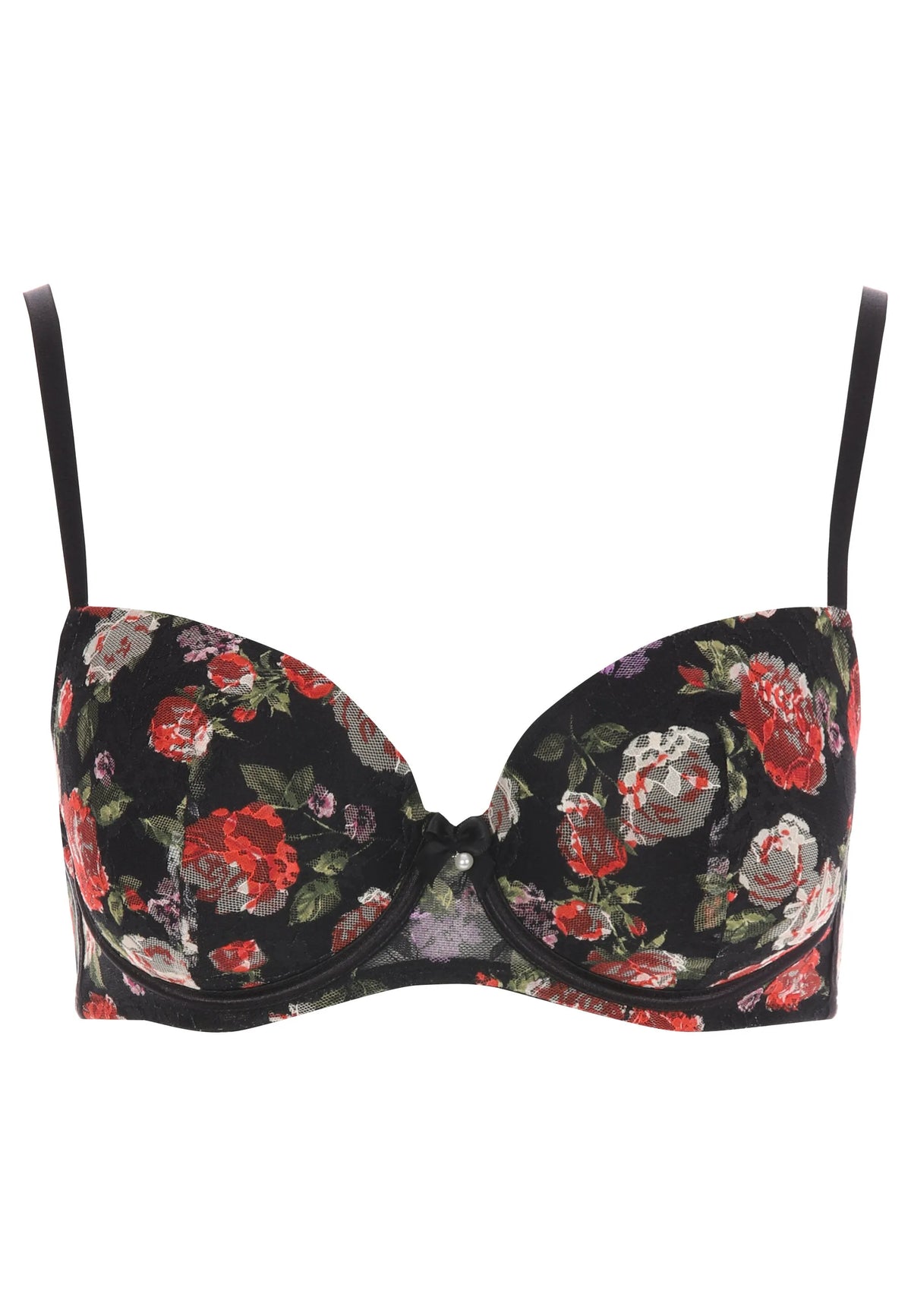 Womens Black Rose Lace Balcony Bra (B-DD)