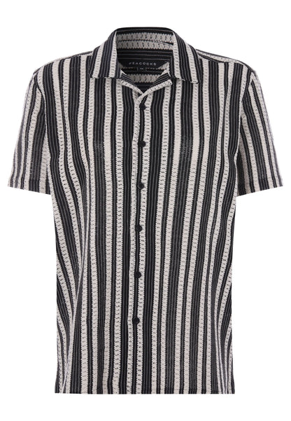 Mens Black Crochet Stripe Cotton Shirt