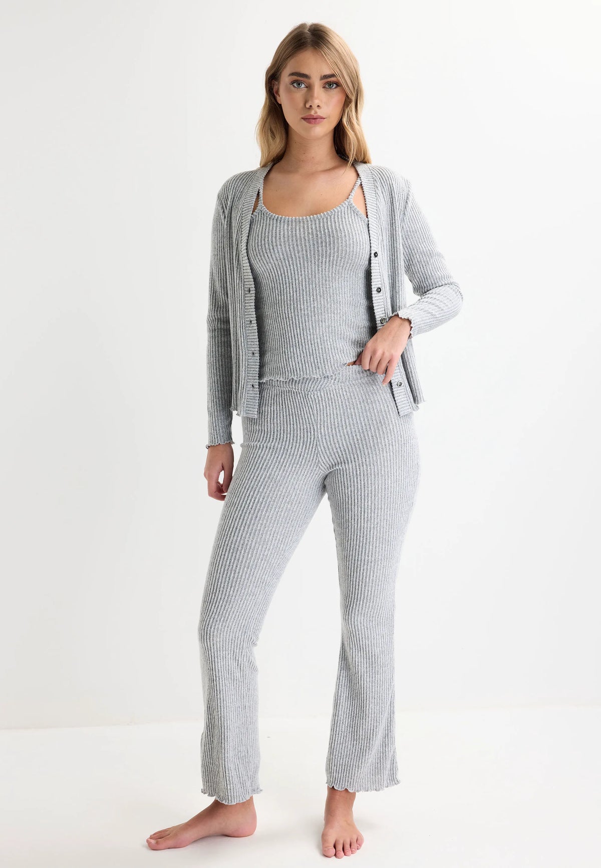 Womens Grey Ribbed Pyjama Bottoms